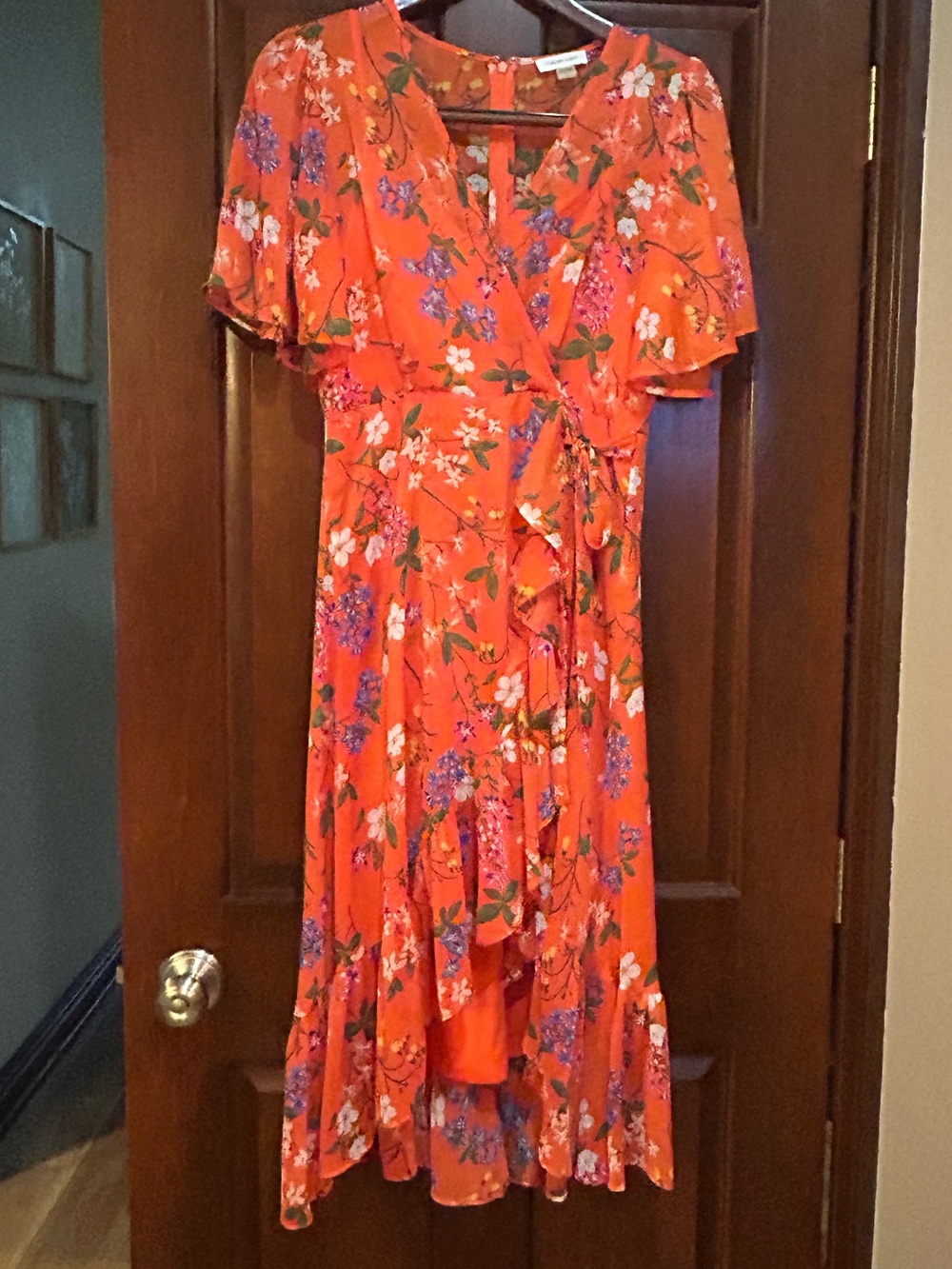 Calvin Klein Floral Dress Sz 4 Orange Wrap Tie Waist High Low Ruffle